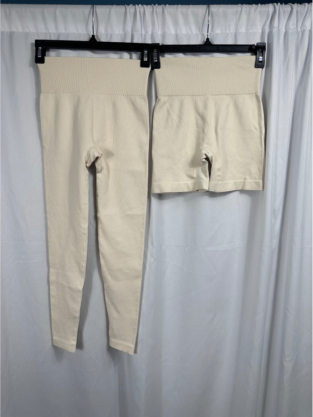 OQQ Women's Ribbed High Waist Leggings and Shorts Set - Size S, Cream